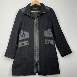 Via Spiga‎ Blac wool-blend coat with faux leather trim gold-tone hardware  12